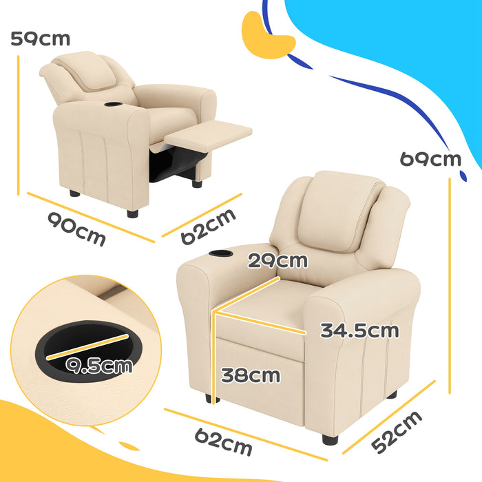 Kids Recliner Chair PU Leather with Adjustable Backrest Footrest and Padded Headrest Beige by HOMCOM
