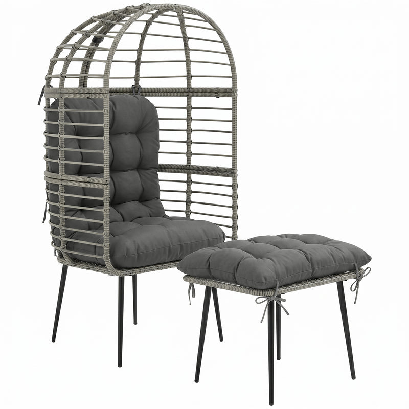 Egg Chair and Footstool Set for Comfortable Outdoor Relaxing Weather Resistant Rattan Grey Outsunny