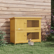 Two Tier Wooden Rabbit Hutch with Slide Out Tray for Outdoor Use, Yellow