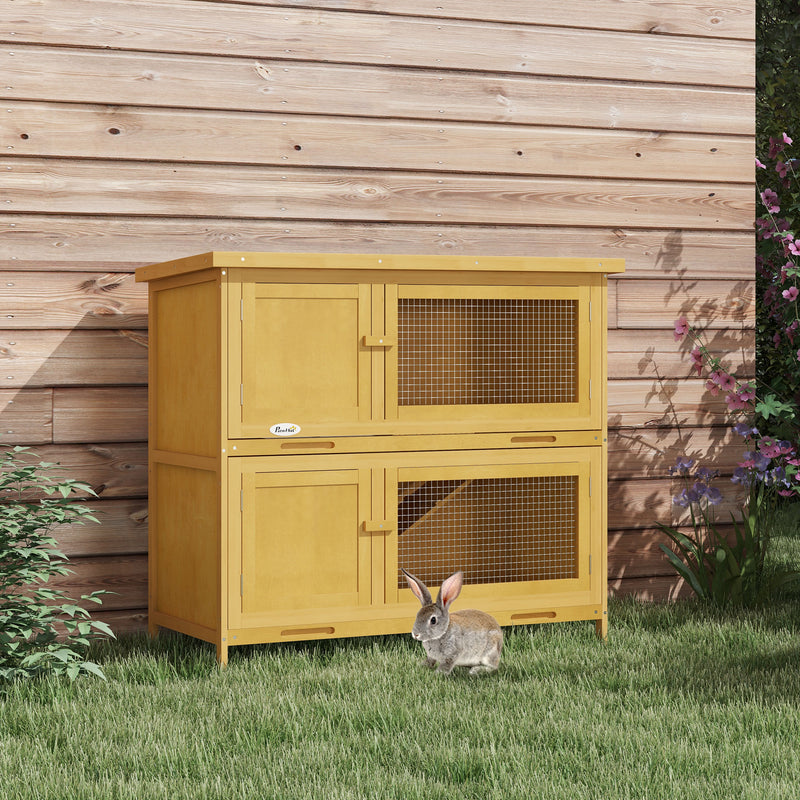 Two Tier Wooden Rabbit Hutch with Slide Out Tray for Outdoor Use, Yellow