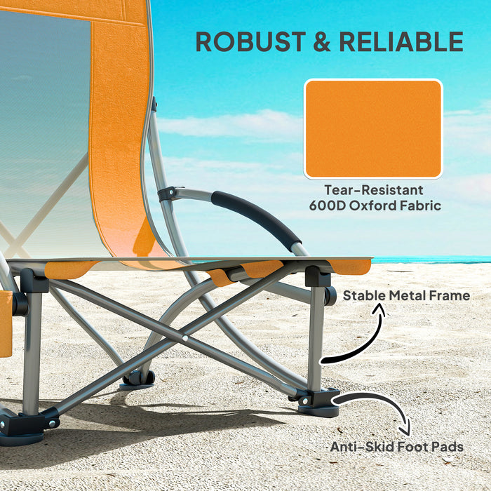 Set of 2 Orange Folding Beach Chairs with Mesh Back Cup Holder and Carry Bag for Outdoor Use