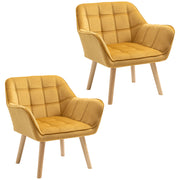 Set of 2 Upholstered Armchairs with Wide Arms and Wooden Legs for Bedroom Seating Yellow