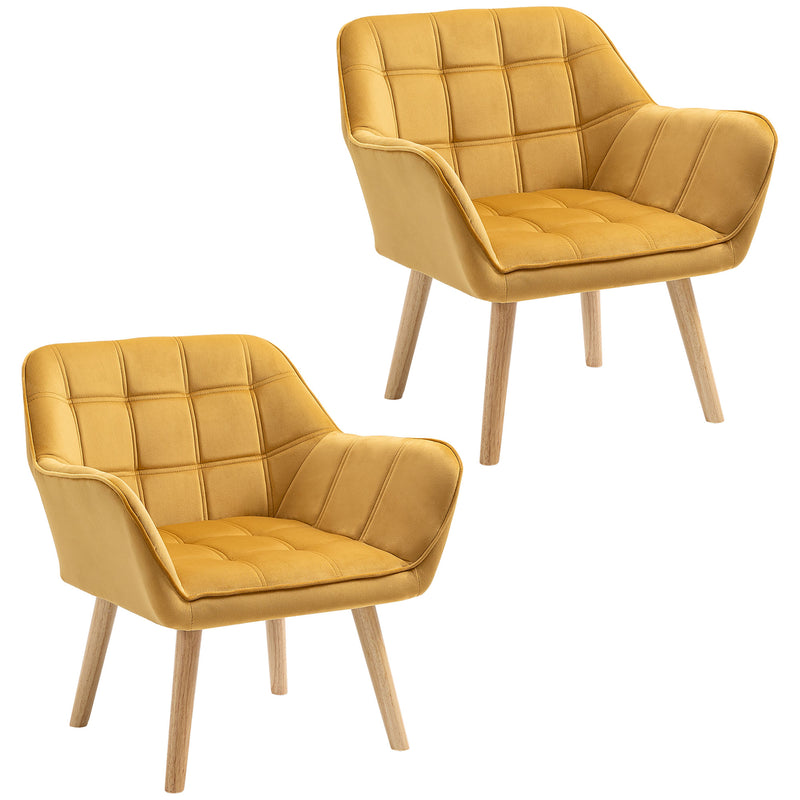 Set of 2 Upholstered Armchairs with Wide Arms and Wooden Legs for Bedroom Seating Yellow