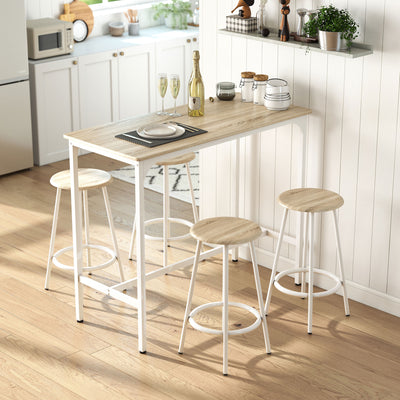Breakfast Bar Table and Four Stools Set Space Saving for Small Kitchens Natural Wood White AOSOM