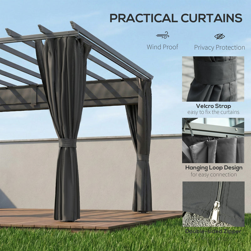3.6 x 3m Metal Garden Pergola with Retractable Canopy and Curtains for Shaded Outdoor Dining, Dark Grey