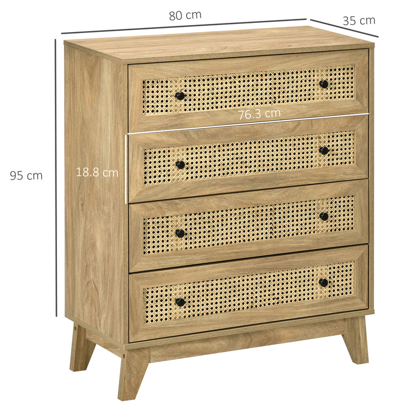 4 Drawer Storage Cabinet With Rattan Fronts Ideal For Bedroom Or Lounge, Wood Effect