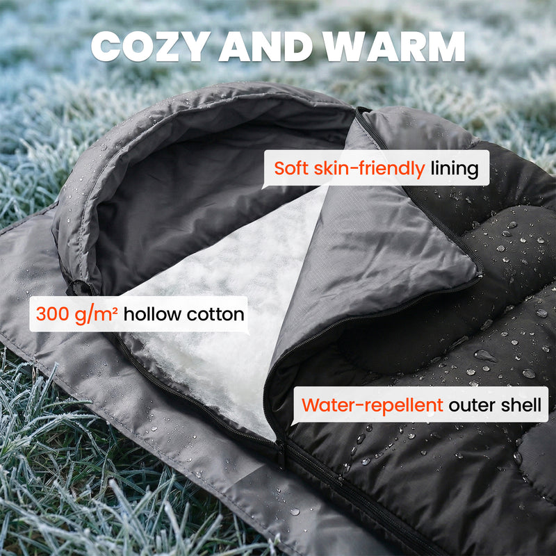 Sleeping Bag for Camping with Warm Hollow Cotton Fill and Blanket Zip Design Black