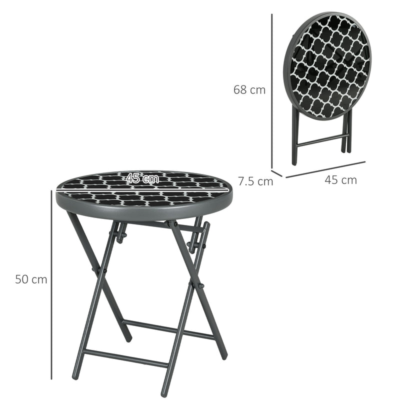 Round Folding Garden Side Table with Marble Effect Glass Top for Patio or Balcony Use