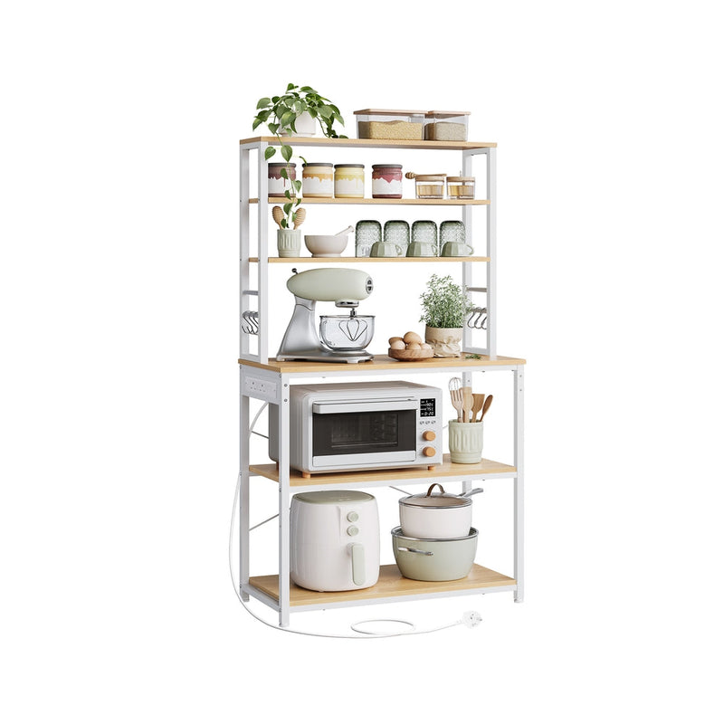 Rustic bakers rack with power outlet, full front view in kitchen