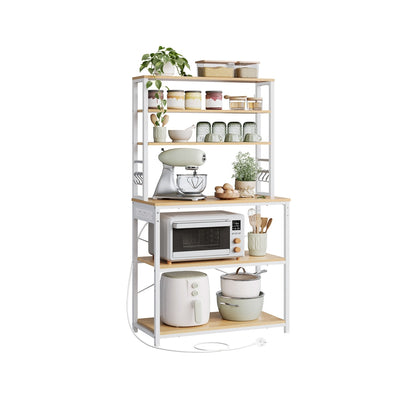 Rustic bakers rack with power outlet, full front view in kitchen