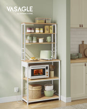Close-up of built-in power outlet and USB ports on bakers rack