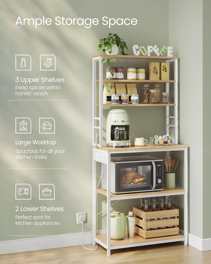 Bakers rack shelves holding kitchen appliances and cookware