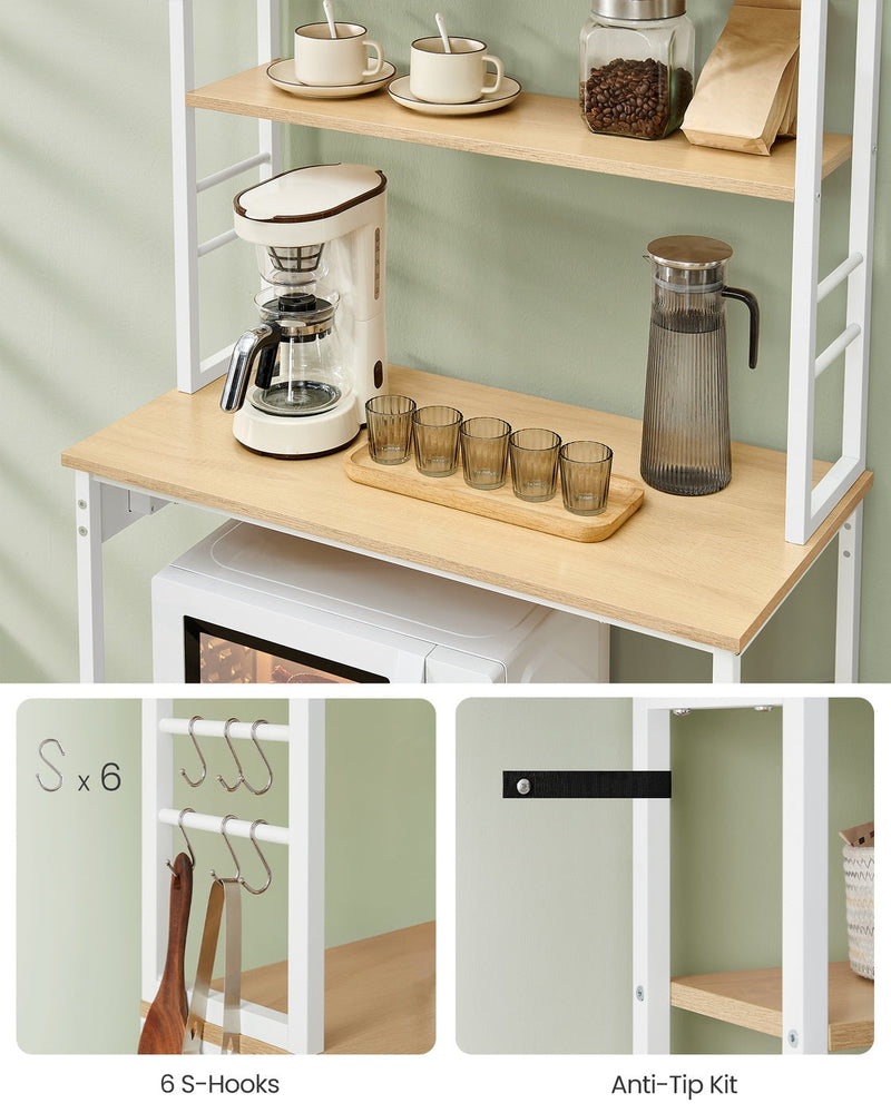 Bakers rack styled in a kitchen corner with coffee machine