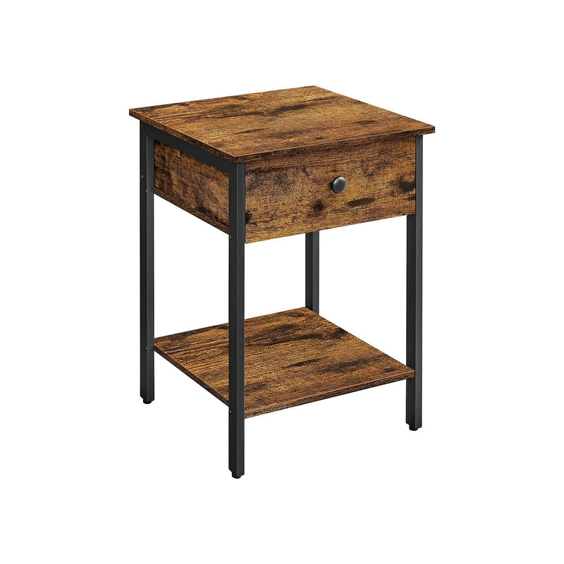 Rustic brown bedside table with one drawer and a lower shelf on a white background