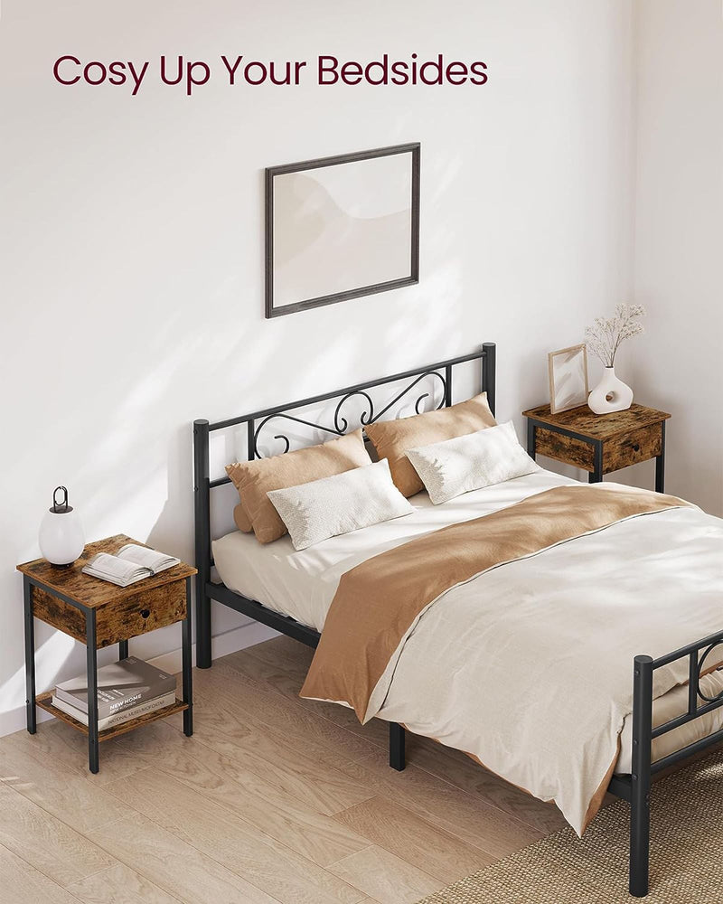 Two rustic brown bedside tables placed either side of a double bed