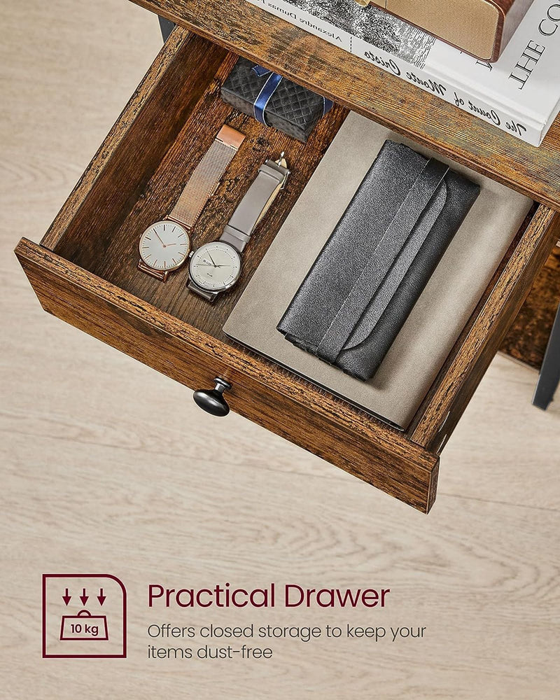Open drawer holding a watch, a wallet and a glasses case