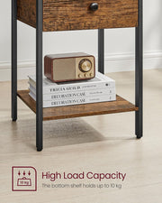 Lower shelf of the bedside table holding a radio on a stack of books
