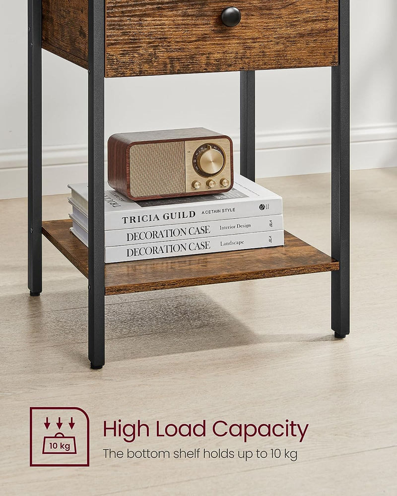 Lower shelf of the bedside table holding a radio on a stack of books