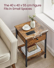 Bedside table in a corner with the 40 cm tabletop width marked on the photo