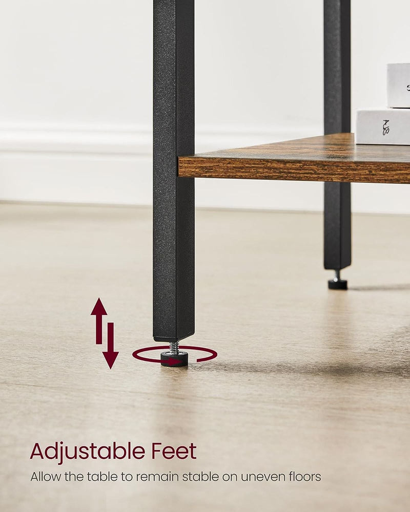 Close-up of the black adjustable foot at the base of the steel leg