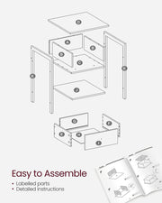 Exploded assembly diagram showing the labelled panels, drawer and frame parts
