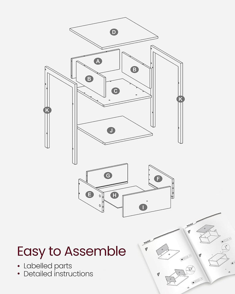 Exploded assembly diagram showing the labelled panels, drawer and frame parts