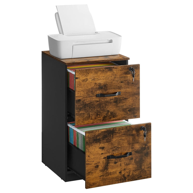 Rustic brown and black Vasagle file cabinet studio shot with a printer sitting on top and drawers closed