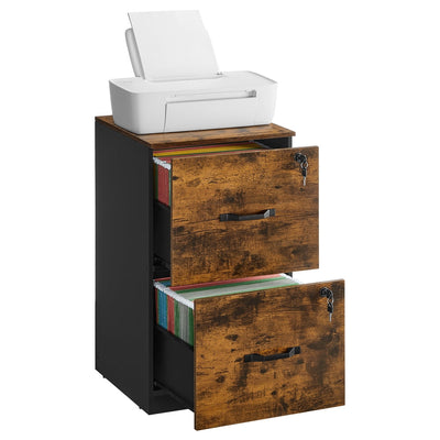 Rustic brown and black Vasagle file cabinet studio shot with a printer sitting on top and drawers closed