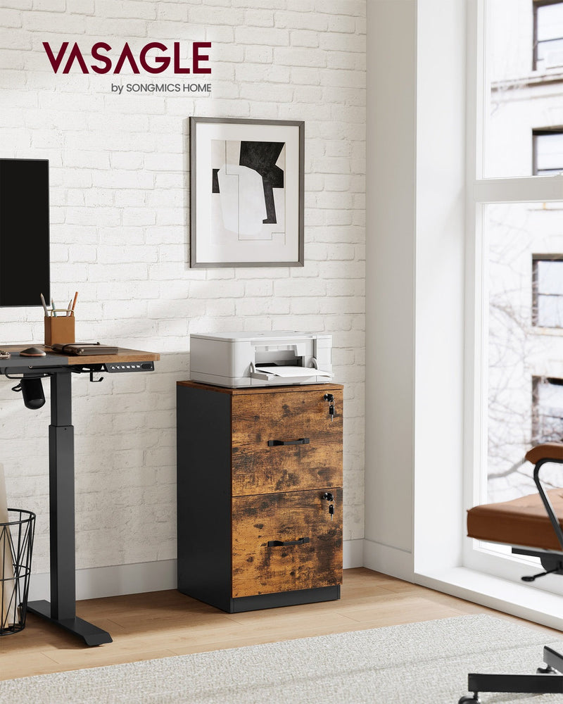 Rustic brown and black Vasagle file cabinet in a home office lifestyle scene beside a standing desk and printer