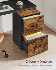 Both file cabinet drawers open showing hanging files with a desk and coffee cup above