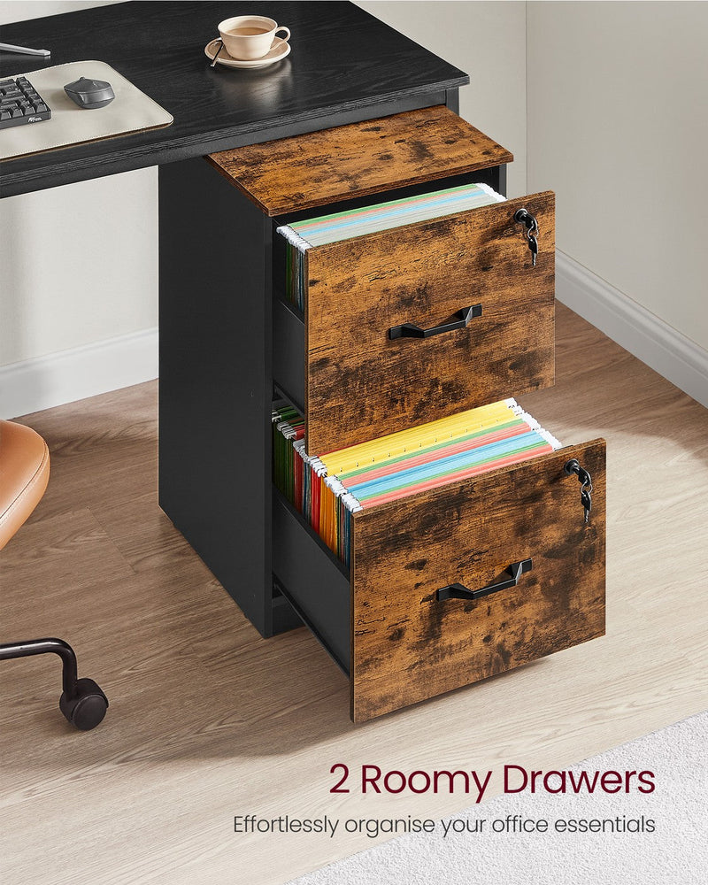 Both file cabinet drawers open showing hanging files with a desk and coffee cup above