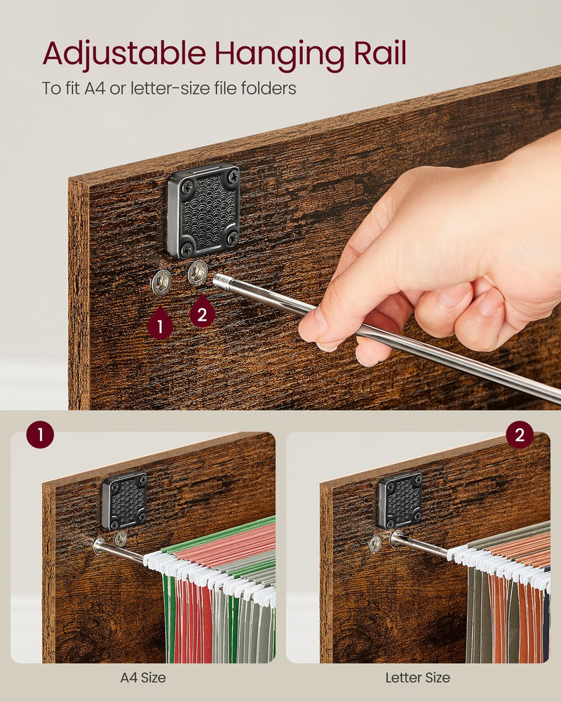 Close-up of the adjustable hanging rail set for A4 size and letter size file folders