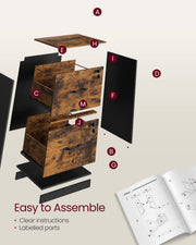 Exploded assembly diagram of the file cabinet showing labelled parts and the included instruction manual