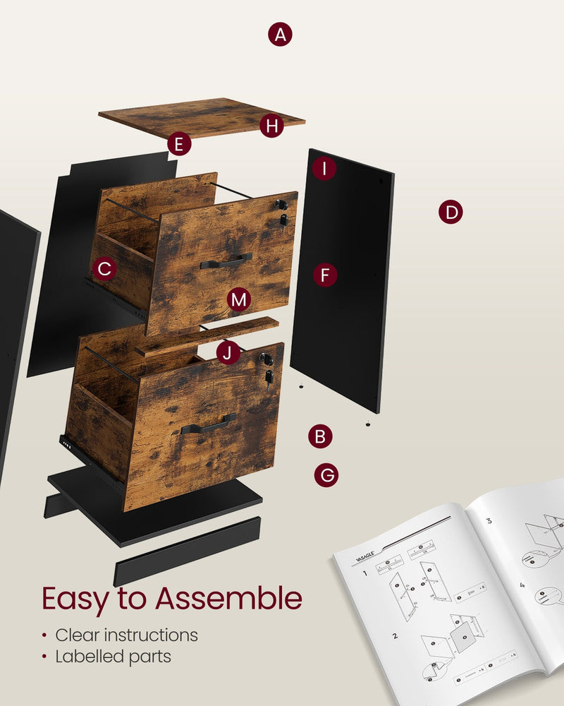 Exploded assembly diagram of the file cabinet showing labelled parts and the included instruction manual