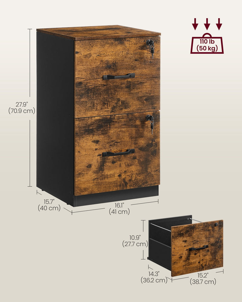 Labelled dimensions diagram showing the file cabinet at 41 x 40 x 70.9 cm with drawer interior size and 50 kg load rating