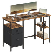 Rustic brown computer desk with black frame, 2 fabric drawers and open shelves