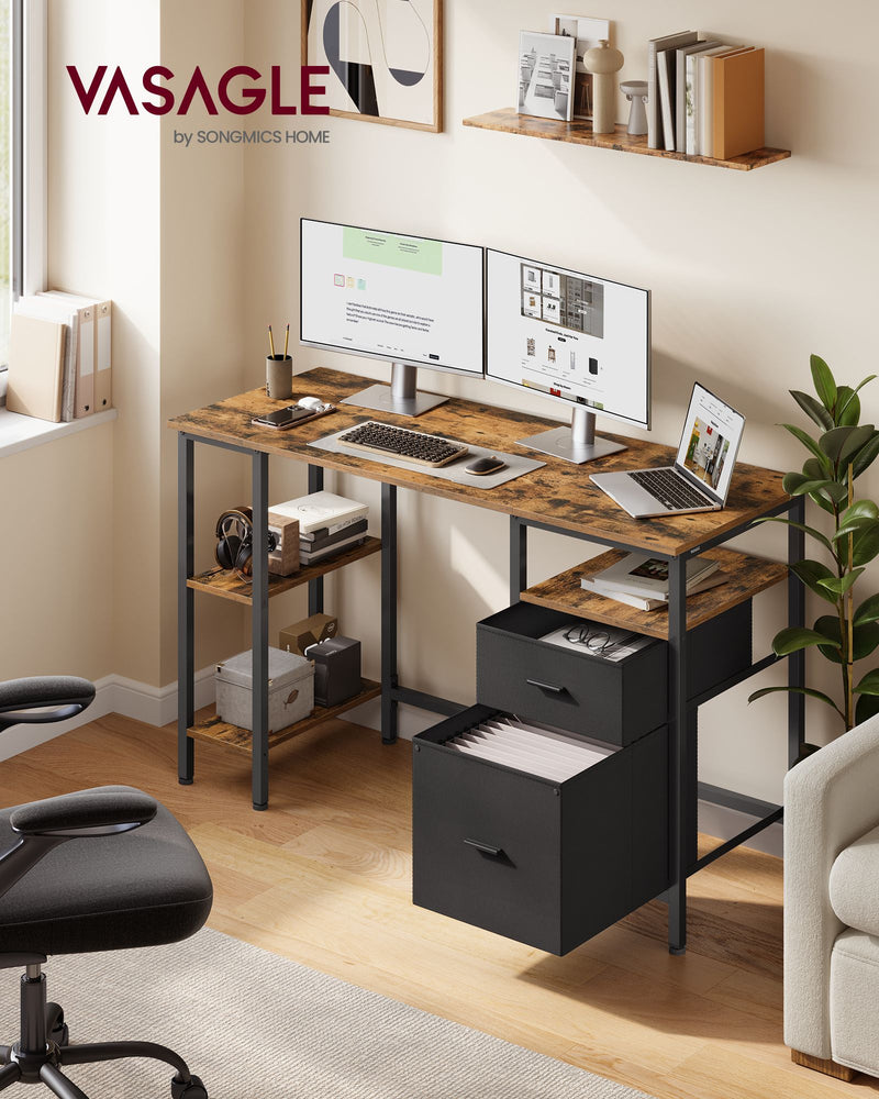 Rustic brown computer desk in a home office with two monitors and an open file drawer
