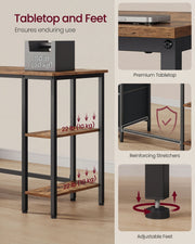 Desk with 10 kg shelf load, reinforcing stretchers and adjustable feet