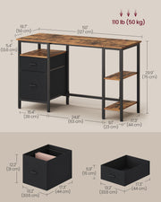 Dimensions diagram of the 127 x 50 x 76 cm desk with 50 kg tabletop load and drawer sizes