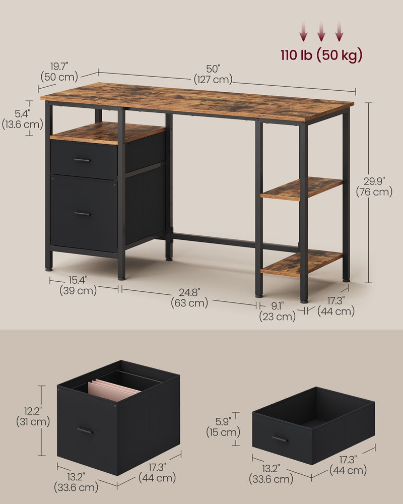 Dimensions diagram of the 127 x 50 x 76 cm desk with 50 kg tabletop load and drawer sizes