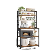 Rustic brown kitchen baker's rack with power outlet, styled with appliances