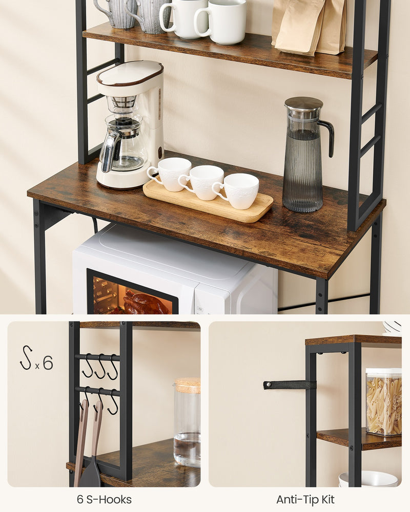 Baker's rack styled in a kitchen as a coffee bar