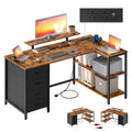 Rustic brown L-shaped corner desk with 4 black drawers, monitor stand and power strip on a white background