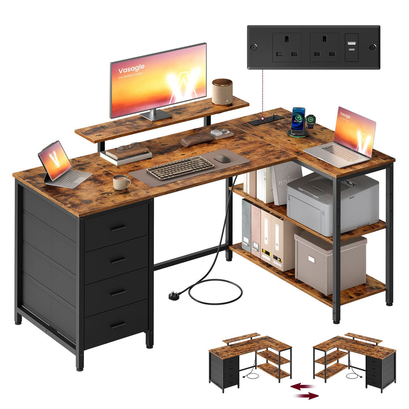 Rustic brown L-shaped corner desk with 4 black drawers, monitor stand and power strip on a white background