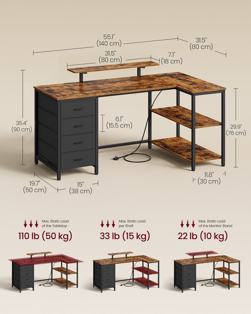 Dimensions diagram of the 140 x 80 cm L-shaped desk with weight limits for the desktop, shelves and monitor stand