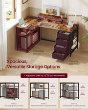 L-shaped desk with the adjustable shelves, 4 drawers and monitor stand highlighted