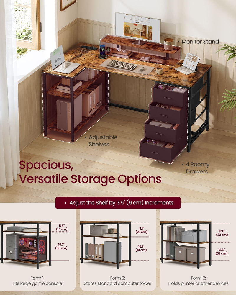 L-shaped desk with the adjustable shelves, 4 drawers and monitor stand highlighted