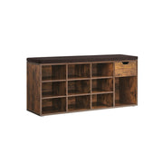 Rustic brown shoe storage bench with dark cushioned seat, 9 compartments and a drawer, studio shot