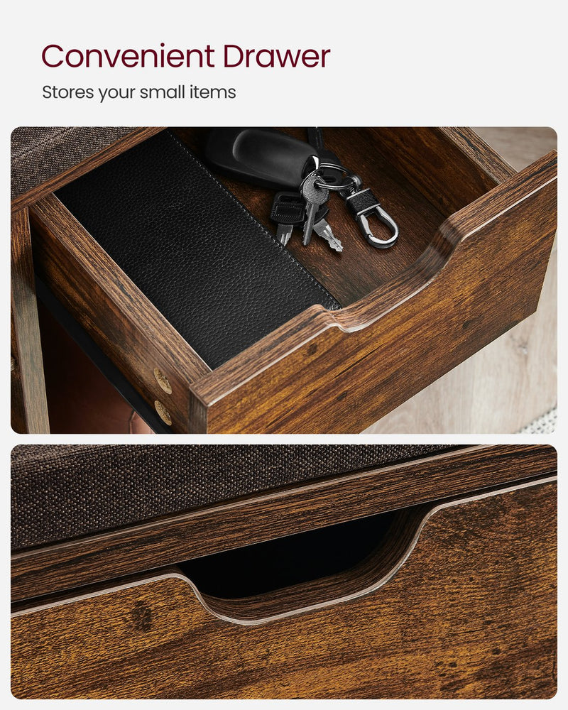 Open drawer holding keys and a wallet, and a close-up of the drawer front cutout handle