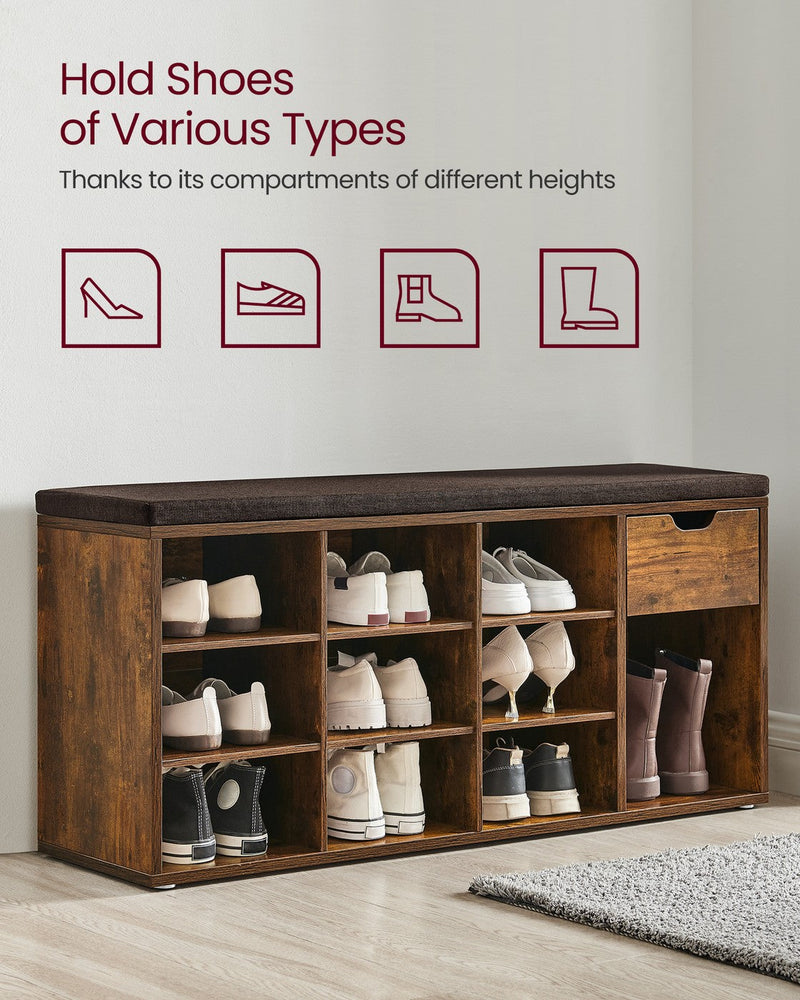 Compartments of different heights holding heels, trainers, ankle boots and tall boots